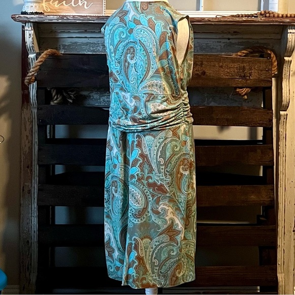 MERONA Sleeveless Paisley Dress Ruched Waist Sage/Brown XL - Picture 6 of 7